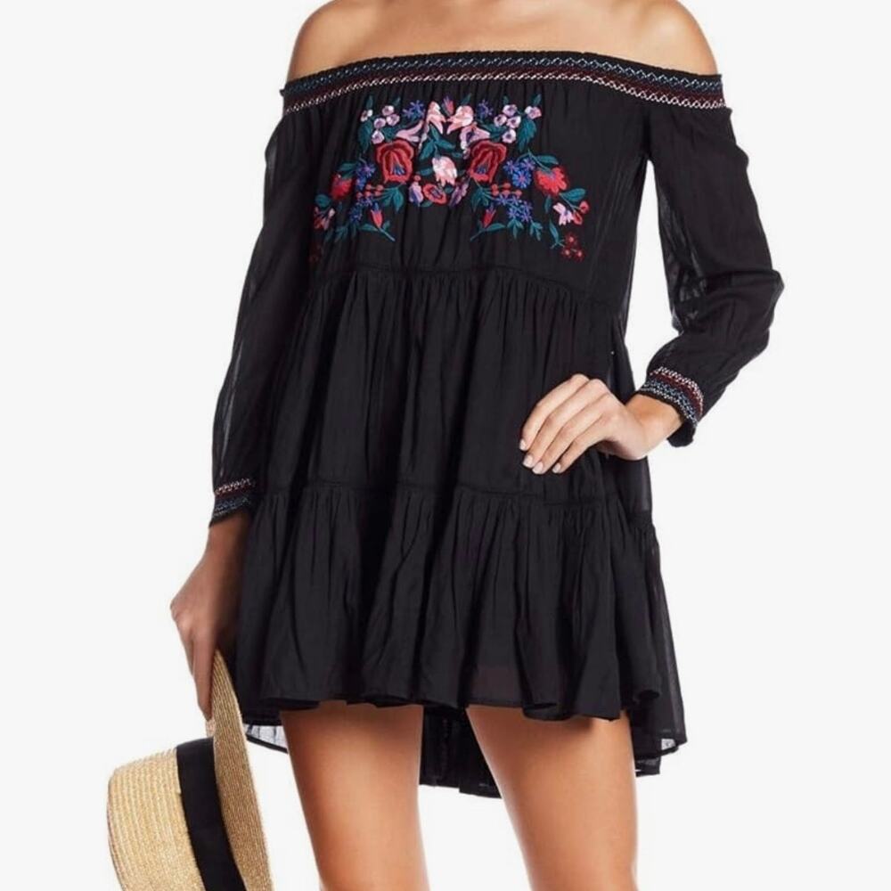 Free People Sunbeams Black Floral Embroidered Off Shoulder Mini Dress Women XS